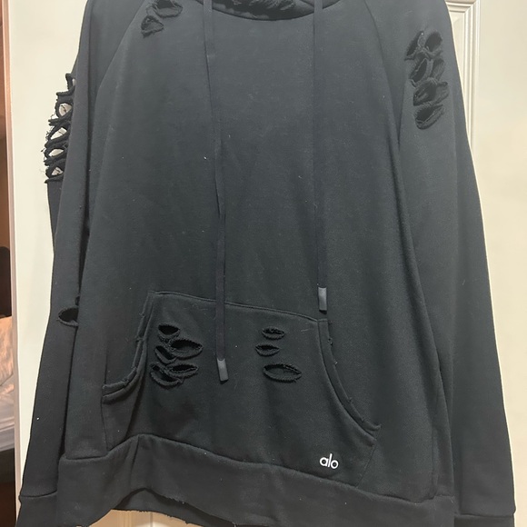 ALO Yoga BLACK Distressed Hoodie - Picture 3 of 5